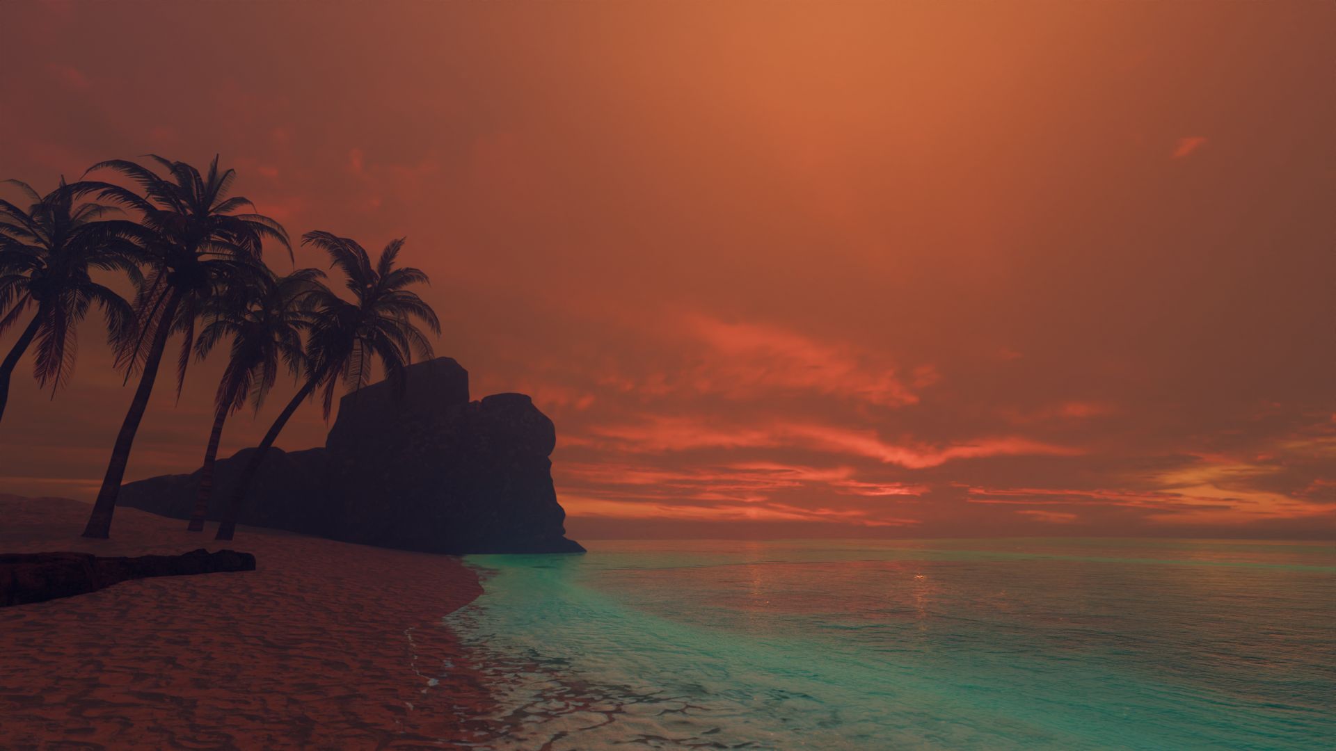 Palm trees and a rock at sunset