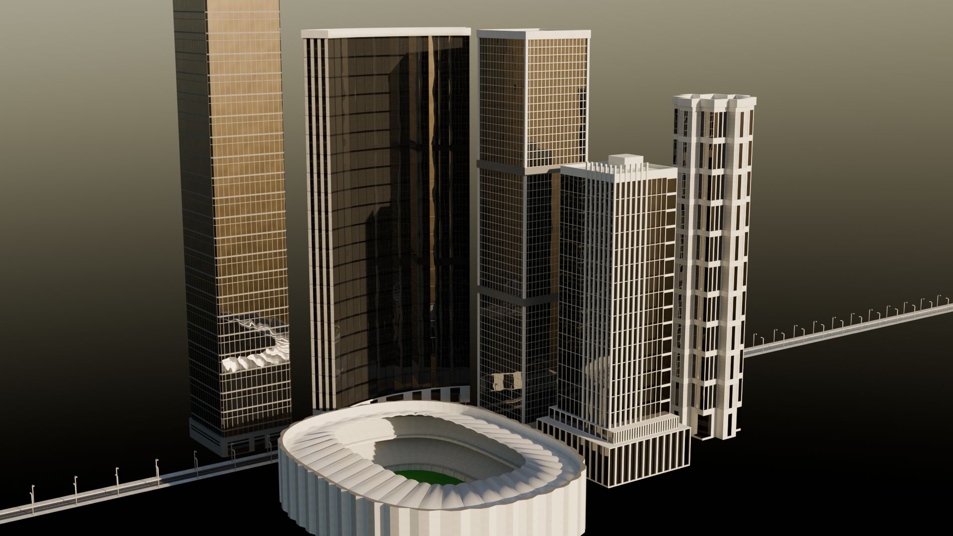 City block with towers and a stadium