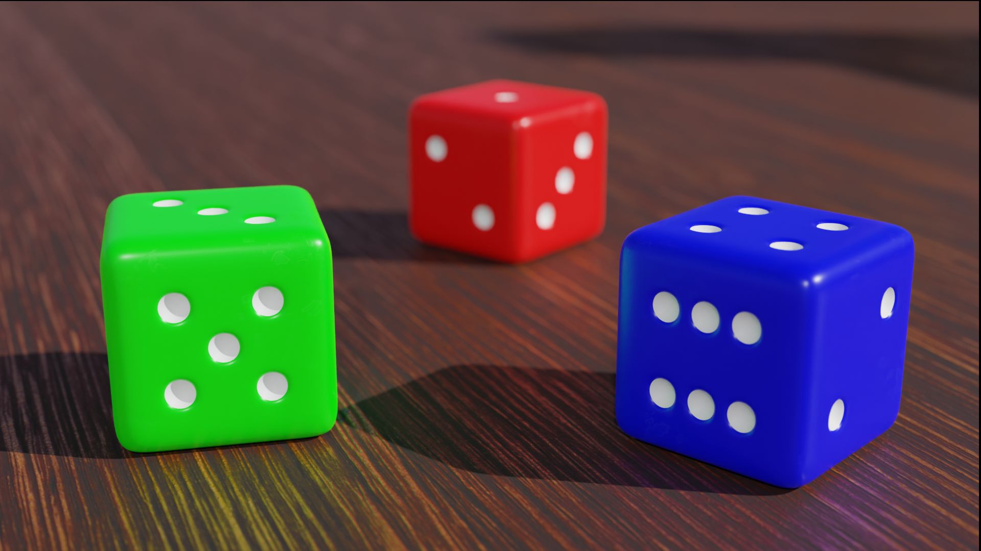 Three dice on a wooden table