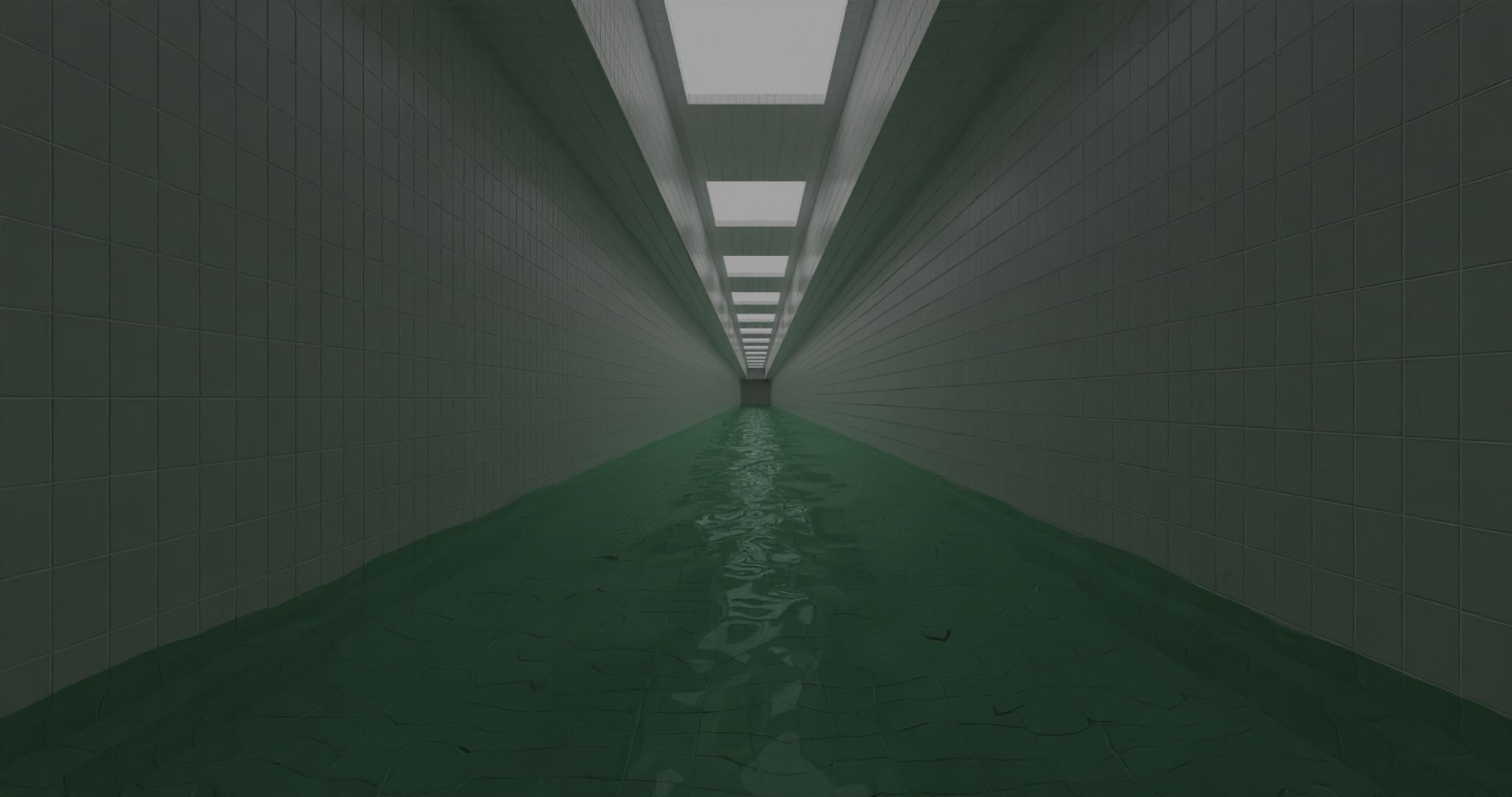 Flooded corridor lit by ceiling panels