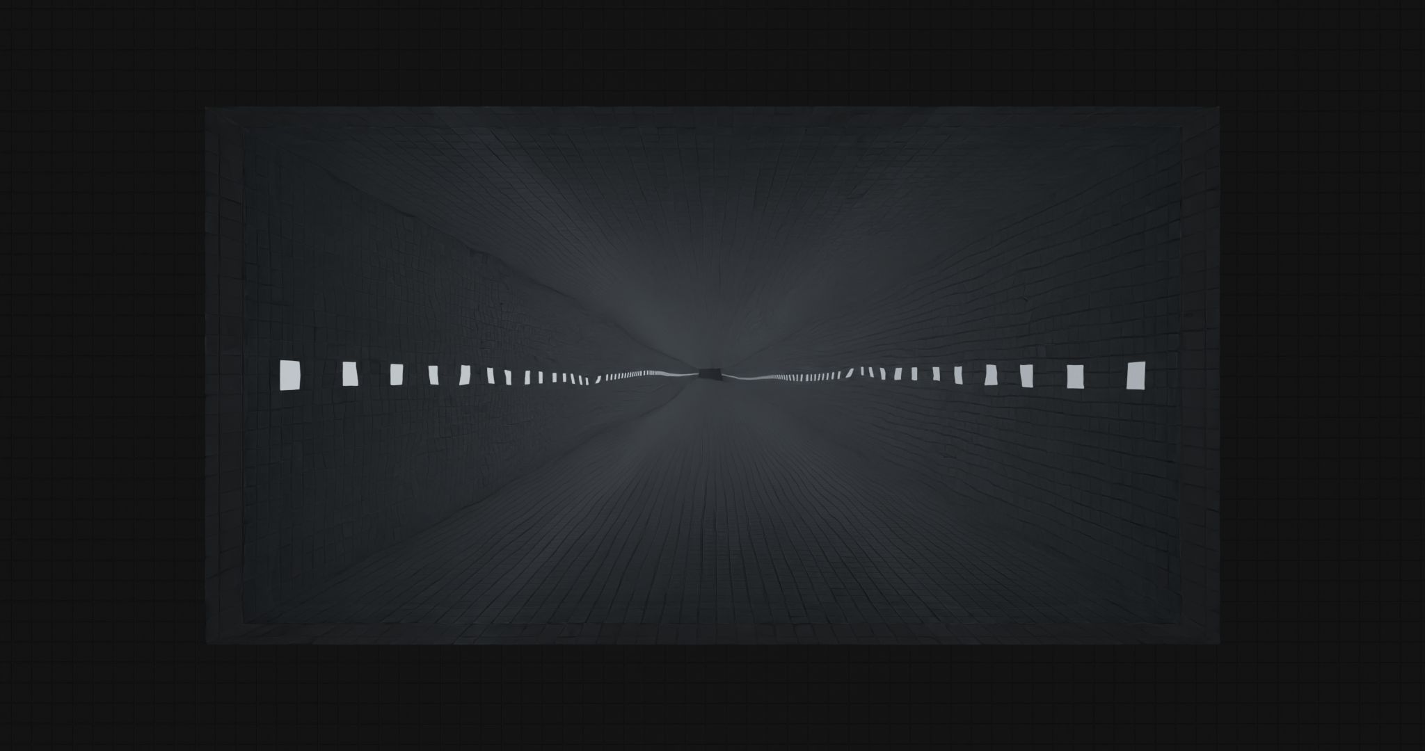 Dark room crossed by a line of small lights