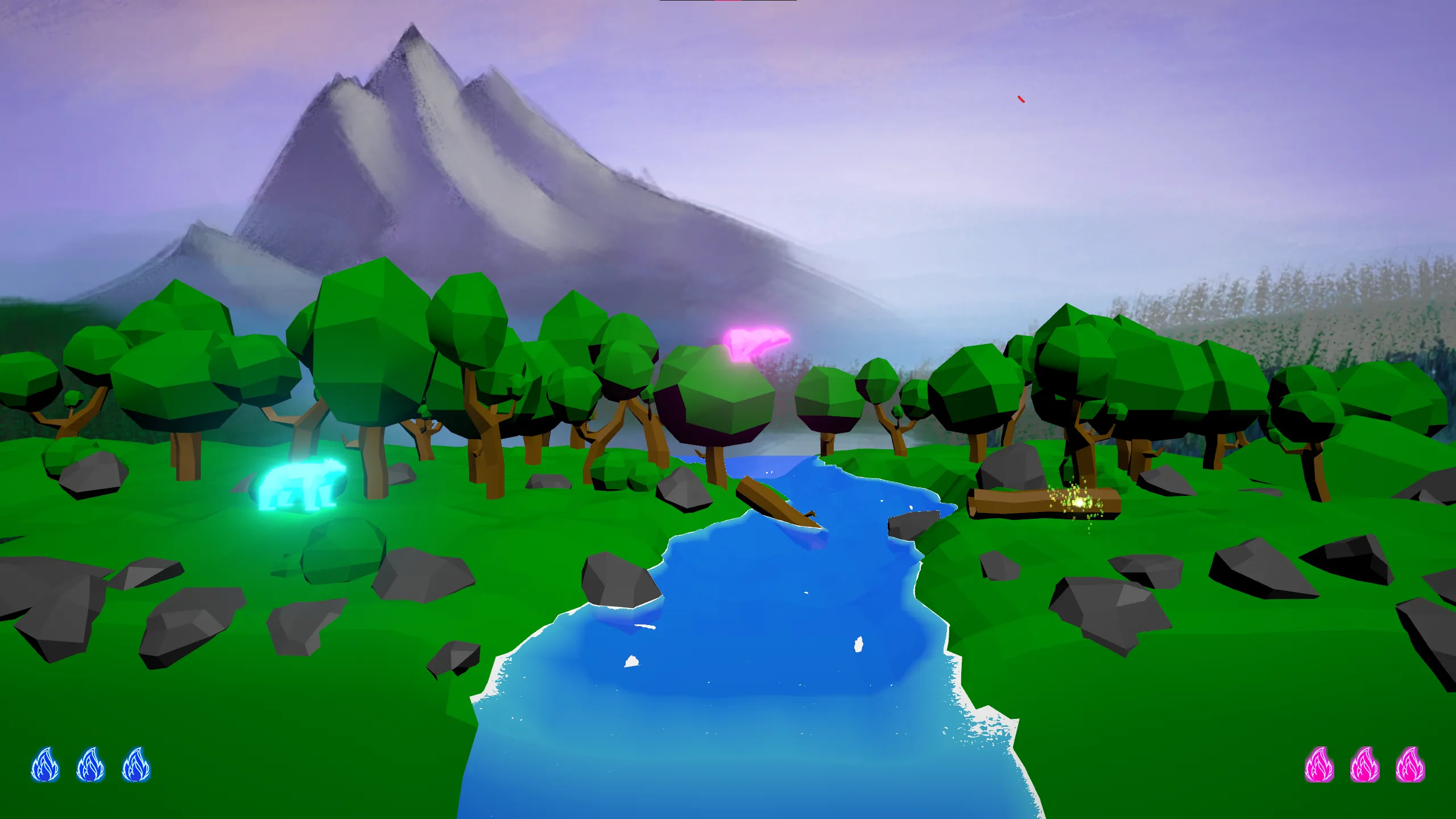 Low-poly forest with a river and a mountain